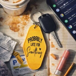 3/$15 • “Probably Late For Something” Motel Keychain • Retro Funny Gift